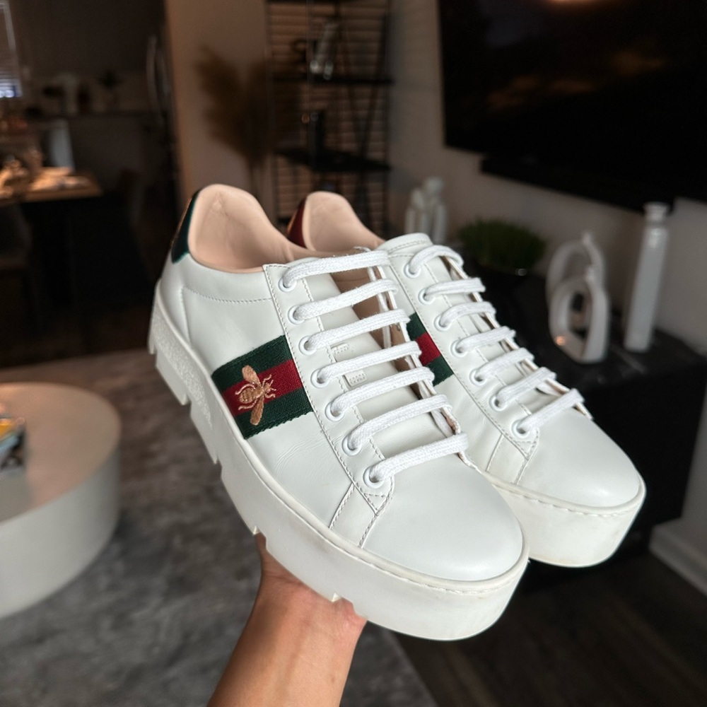 Gucci, White Leather Platform Ace Sneaker, Women’s Size 8/38.5
